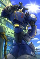 Rule 34 | 1boy, android, cloud, cloudy sky, day, dive man, green eyes, highres, in-universe location, kazafuki, looking at viewer, male focus, mega man (classic), mega man (series), mega man 4, outdoors, salute, sky, solo