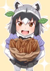 Rule 34 | 10s, 1girl, ahoge, animal ears, bad id, bad pixiv id, bag, beige background, black gloves, black hair, black skirt, brown eyes, cacao fruit, common raccoon (kemono friends), dirty, dirty clothes, dirty face, fang, fur collar, gloves, grey hair, highres, holding, holding bag, kemono friends, leaf, leaf on head, looking at viewer, mud, multicolored hair, open mouth, pantyhose, pleated skirt, raccoon ears, short sleeves, skirt, solo, sparkle, takatsuki nao