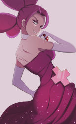 Rule 34 | 1girl, colored eyelashes, creatures (company), dress, fantina (pokemon), from behind, game freak, gloves, grin, gym leader, highres, nintendo, poke ball, poke ball (basic), pokemon, pokemon dppt, purple eyes, purple hair, simple background, sleeveless, sleeveless dress, smile, solo, vivivoovoo