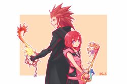Rule 34 | 1boy, 1girl, axel (kingdom hearts), back-to-back, black cloak, blue eyes, blush, cloak, commentary, green eyes, hood, hood down, jewelry, jin.n, kairi (kingdom hearts), keyblade, kingdom hearts, kingdom hearts iii, light blush, looking at viewer, looking back, necklace, parted lips, red hair, short hair, sleeveless, smile, spiked hair, upper body