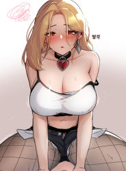 Rule 34 | 1girl, absurdres, alternate breast size, bare shoulders, black survival, blonde hair, blush, breasts, brown eyes, camisole, choker, cleavage, collarbone, cowgirl position, earrings, exposed pocket, fishnet pantyhose, fishnets, hart floyd, heart, highres, jewelry, keyhole, kisa (leg3043), large breasts, pantyhose under shorts, medium hair, midriff, navel, pantyhose, piercing, short shorts, shorts, single earring, solo focus, straddling, sweat, thick thighs, thighs, torn clothes, torn shorts