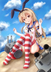 Rule 34 | &gt; &lt;, 10s, 1girl, :3, anchor hair ornament, bare shoulders, beach, black panties, blonde hair, blue skirt, blue sky, closed eyes, cloud, day, elbow gloves, gloves, hair ornament, hairband, highres, kaiyi, kantai collection, knees together feet apart, long hair, looking at viewer, no shoes, outdoors, panties, pantyshot, pleated skirt, rensouhou-chan, sailor collar, shimakaze (kancolle), sitting, skirt, sky, solo, striped clothes, striped thighhighs, thighhighs, underwear, upskirt, yellow eyes, | |