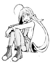 Rule 34 | 1girl, ahoge, boots, bow, bowtie, commentary request, cross-laced footwear, dress, full body, hair between eyes, halter dress, halterneck, kantai collection, kiyoshimo (kancolle), lace-up boots, lineart, long hair, low twintails, monochrome, pantyhose, pleated dress, sitting, smile, solo, task (s task80), thighband pantyhose, translation request, twintails, very long hair