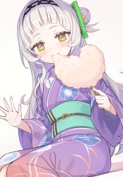 Rule 34 | 1girl, :t, alternate costume, black hairband, blunt bangs, blush, brown eyes, chewing, closed mouth, cotton candy, eating, feet out of frame, floral print, food, food in mouth, grey hair, hair bun, hair ornament, hairband, hands up, highres, holding, holding food, hololive, japanese clothes, kimono, long hair, long sleeves, looking at viewer, murasaki shion, obi, orange eyes, print kimono, purple kimono, sash, short eyebrows, sidelocks, simple background, single hair bun, single side bun, sitting, smile, solo, tam-u, very long hair, virtual youtuber, waving, white background, white hair, wide sleeves, yellow eyes, yukata