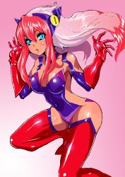 Rule 34 | 1girl, :o, absurdres, birdy cephon altera, blue eyes, blue leotard, blush, boots, breasts, cleavage, dakusuta, dyed bangs, elbow gloves, female focus, floating hair, gloves, gradient background, gradient hair, hair between eyes, hands up, headgear, highres, impossible clothes, large breasts, leotard, long hair, looking at viewer, multicolored hair, open mouth, pink hair, red footwear, red gloves, revealing clothes, shadow, sidelocks, silver hair, solo, tetsuwan birdy, thigh boots, thighhighs, two-tone hair