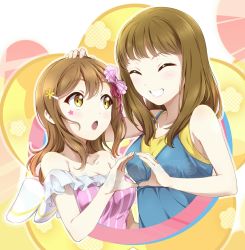 Rule 34 | 2girls, :o, breasts, brown hair, cleavage, closed eyes, facial tattoo, galaxy hide and seek, grin, hair ornament, hand on another&#039;s head, heart, heart hands, heart hands duo, kunikida hanamaru, long hair, love live!, love live! school idol festival, love live! sunshine!!, medium breasts, multiple girls, smile, star (symbol), surfing orange, takatsuki kanako, tattoo, voice actor, voice actor connection, wings, yellow eyes