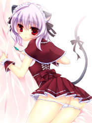 Rule 34 | 1girl, alternate costume, alternate hair color, animal ears, bad id, bad pixiv id, female focus, hlz, maid headdress, mouse ears, mouse tail, nazrin, panties, panty pull, pussy, pussy peek, red eyes, silver hair, solo, tail, touhou, underwear, white panties