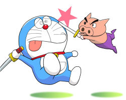 Rule 34 | buriburizaemon, cat, crayon shin-chan, crossover, doraemon, doraemon (character), no ears, no humans, non-humanoid robot, pig, robot, simple background, sword, tongue, tongue out, ueyama michirou, weapon, white background