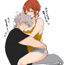 Rule 34 | 1boy, 1girl, absurdres, akito (d30n26), blush, breast pillow, breast smother, breasts, closed eyes, face to breasts, grey hair, highres, hug, large breasts, nagi (akito), open mouth, original, saliva, short hair, smother, white background