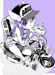 Rule 34 | 1girl, backpack, bag, baseball cap, bottle, commentary request, dr. slump, from above, glasses, hat, highres, kabaya yumiko, long hair, looking at viewer, monochrome, motor vehicle, norimaki arale, purple hair, scooter, shoes, shorts, sneakers, solo, spot color, tank top, winged hat