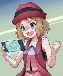 Rule 34 | 1girl, absurdres, ash ketchum, bare arms, blue eyes, blush, brown hair, clenched hand, commentary request, creatures (company), eyelashes, game freak, gen 1 pokemon, hat, highres, holding, lana (pokemon), lillie (pokemon), looking down, mallow (pokemon), medium hair, nintendo, open mouth, pikachu, pokemon, pokemon (anime), pokemon (creature), pokemon sm (anime), pokemon xy (anime), red hat, samiou, serena (pokemon), shaded face, sleeveless, solo, tongue, upper body, w arms