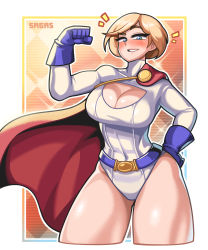 Rule 34 | 1girl, absurdres, blonde hair, blue eyes, blue gloves, breasts, cape, checkered background, cocked eyebrow, cropped legs, dc comics, flexing, gloves, hand on own hip, highres, large breasts, leotard, power girl, red cape, sagas293, short hair, thick thighs, thighs, white leotard