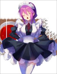 Rule 34 | 00s, 1girl, apron, bow, bowtie, braid, eltnum, closed eyes, frilled skirt, frills, hands on own hips, long hair, low-tied long hair, maid, maid apron, melty blood, open mouth, sion eltnam atlasia, skirt, solo, thighhighs, tsukihime, under night in-birth, yusano