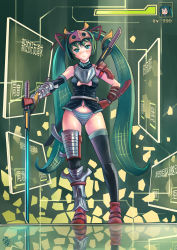 Rule 34 | 10s, 1girl, absurdres, aqua eyes, armor, asymmetrical gloves, black thighhighs, blush, breasts, chinese text, crossover, forehead protector, gloves, green hair, hair ribbon, hand on own hip, hatsune miku, health bar, highres, long hair, mismatched gloves, over shoulder, panties, ribbon, simplified chinese text, small breasts, solo, striped clothes, striped panties, sword, sword art online, sword over shoulder, thighhighs, twintails, underwear, very long hair, vocaloid, weapon, weapon over shoulder, youguang liangliang