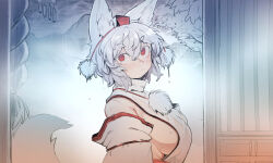 Rule 34 | 1girl, animal ear fluff, animal ears, bare shoulders, blush, breasts, closed mouth, commentary, detached sleeves, english commentary, from side, grey hair, hair between eyes, hat, inubashiri momiji, japanese clothes, large breasts, looking at viewer, nyong nyong, pom pom (clothes), rain, red eyes, red hat, short hair, sideboob, solo, tail, tokin hat, touhou, upper body, wet, wet clothes, white sleeves, wolf ears, wolf tail