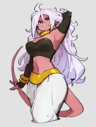 Rule 34 | 1girl, android 21, arm behind head, armpits, bracelet, breasts, choker, cleavage, colored skin, dragon ball, dragon ball fighterz, earrings, grey background, hair between eyes, hoop earrings, jewelry, kemachiku, long hair, looking at viewer, majin android 21, medium breasts, midriff, navel, pink skin, red eyes, simple background, smile, solo, tail, white hair, yellow choker