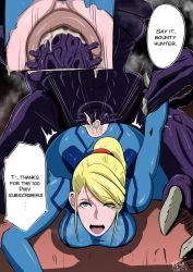 Rule 34 | 1boy, 1girl, anal, ass, blonde hair, blue eyes, breasts, cum, cum in ass, english text, hetero, highres, large breasts, metroid, mole, mole under mouth, nintendo, open mouth, penis, ponytail, re411, ridley, samus aran, sex, teeth, text focus, tongue, upper teeth only, zero suit