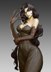 Rule 34 | 1girl, bad id, bad pixiv id, bare shoulders, black dress, black gloves, black hair, black lips, breasts, collarbone, dress, fullmetal alchemist, gloves, homunculus, large breasts, lipstick, long hair, looking at viewer, lust (fma), makeup, ouroboros, red eyes, simple background, sleeveless, sleeveless dress, slit pupils, solo, strapless, strapless dress, tattoo, thick thighs, thighs, very long hair, wavy hair, wide hips, yinanhuanle