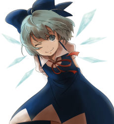 Rule 34 | 1girl, arms behind back, bad id, bad pixiv id, blue eyes, blue hair, cirno, embodiment of scarlet devil, face, leaning forward, matching hair/eyes, one eye closed, short hair, smile, solo, touhou, wink, yuzuhara moke