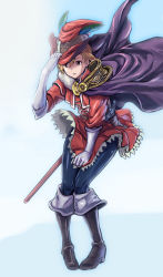 Rule 34 | 10s, 1girl, arcana dueler (granblue fantasy), belt, black footwear, blonde hair, blue legwear, boots, brown eyes, cape, dagger, djeeta (granblue fantasy), feathers, g-tetsu, gloves, granblue fantasy, hat, highres, holding, holding clothes, holding hat, knee boots, knife, long sleeves, open mouth, purple cape, red hat, sheath, sheathed, short hair, skirt, skirt hold, solo, standing, sword, weapon, white gloves, wind