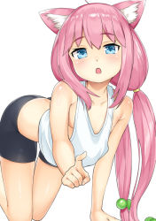 Rule 34 | 1girl, all fours, animal ears, bike shorts, blue eyes, cat ears, downblouse, hair bobbles, hair ornament, hinata channel, long hair, low twintails, midriff, nekomiya hinata, no bra, open mouth, pink hair, pointing, shorts, simple background, solo, totto, twintails, vest, virtual youtuber, white background, white vest