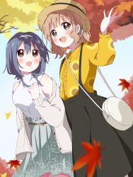 Rule 34 | 2girls, :d, absurdres, autumn leaves, bare shoulders, belt, black skirt, blue hair, blurry, blurry background, blurry foreground, blush, braid, breasts, brown belt, brown eyes, brown headwear, cardigan, casual, center frills, collared shirt, commentary request, day, falling leaves, fang, floral print, frills, furutani himawari, green skirt, grey cardigan, hairband, hand up, happy, hat, highres, large breasts, leaf, light brown hair, long skirt, long sleeves, looking at another, medium hair, mesushio, multiple girls, oomuro sakurako, open cardigan, open clothes, open mouth, outdoors, pleated skirt, print shirt, shirt, shirt tucked in, skirt, sleeveless, sleeveless shirt, sleeveless turtleneck, smile, split mouth, standing, sunflower print, suspender skirt, suspenders, tree, turtleneck, twin braids, wavy hair, white hairband, white shirt, yellow shirt, yuru yuri