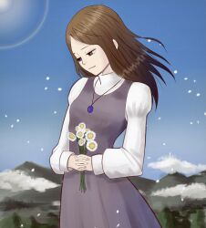 Rule 34 | 1girl, blurry, blurry background, brown hair, dress, final fantasy, final fantasy tactics, flower, highres, holding, holding flower, jewelry, necklace, purple eyes, smile, solo, soosupaan, tietra heiral, wind