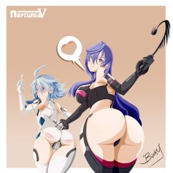 Rule 34 | 10s, 2girls, ahoge, ass, bare shoulders, barky, bent over, blanc (neptunia), blue hair, blush, bodysuit, boots, breasts, cameltoe, copyright name, curvy, dominatrix, elbow gloves, femdom, flat chest, from behind, gloves, heart, highres, huge ass, iris heart, large breasts, leaning, leaning forward, leotard, long hair, looking at viewer, looking back, middle finger, multiple girls, neptune (series), purple eyes, pururut, red eyes, restrained, riding crop, shiny skin, short hair with long locks, sidelocks, smile, spanked, spanking, spoken heart, symbol-shaped pupils, tears, thick thighs, thigh boots, thighhighs, thighs, very long hair, whip, white heart (neptunia), wide hips