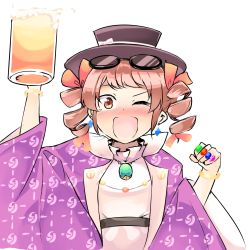Rule 34 | 1girl, ;d, alcohol, black hat, blush, bow, bracelet, cup, drill hair, eyewear on head, ginnkei, hat, highres, holding, holding cup, jewelry, looking at viewer, necklace, one eye closed, open mouth, ring, simple background, smile, solo, sunglasses, top hat, touhou, twin drills, upper body, white background, yorigami jo&#039;on