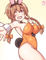 Rule 34 | 1girl, animal ears, bare hips, bare shoulders, between breasts, blue eyes, blush, braid, breasts, brown hair, cleavage, covered navel, fake animal ears, hair ornament, kanon (kurogane knights), kantai collection, large breasts, leotard, long hair, looking at viewer, necktie, necktie between breasts, one eye closed, open mouth, orange background, orange leotard, playboy bunny, rabbit ears, rabbit tail, smile, solo, strapless, strapless leotard, tail, teruzuki (kancolle), twin braids