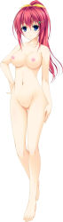 Rule 34 | 1girl, absurdres, barefoot, blue eyes, breasts, completely nude, feet, full body, hair ornament, hairclip, hand on own hip, high ponytail, highres, large breasts, long hair, natsume akari, navel, nipples, no pussy, nude, otome ga irodoru koi no essence, pink hair, simple background, smile, solo, toes, white background