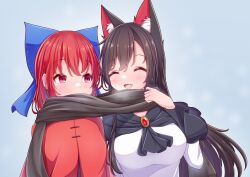 Rule 34 | 2girls, animal ear fluff, animal ears, black hair, black scarf, blue bow, blush, bow, breasts, cloak, closed eyes, commentary request, fang, grass root youkai network, grey background, hair bow, hashi2387, highres, imaizumi kagerou, long hair, multiple girls, open mouth, red eyes, scarf, sekibanki, shared clothes, shared scarf, skin fang, touhou, upper body, wolf ears, wolf girl