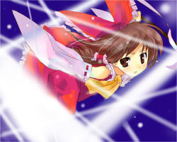 Rule 34 | 1girl, ascot, bare shoulders, bow, brown eyes, brown hair, collar, detached sleeves, dress, female focus, floating hair, flying, frills, full body, hair bow, hair tubes, hakurei reimu, long sleeves, looking at viewer, red bow, red dress, ribbon-trimmed sleeves, ribbon trim, shige, sidelocks, solo, touhou