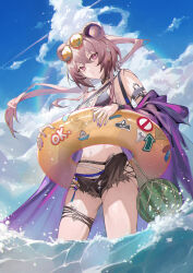 Rule 34 | 1girl, absurdres, animal ears, arknights, bare shoulders, bikini, black bikini, blue sky, commentary request, day, food, fruit, highres, innertube, krin (krinnin), lin (arknights), long hair, looking at viewer, mouse ears, nail polish, navel, official alternate costume, purple eyes, purple hair, purple nails, sky, solo, stomach, swim ring, swimsuit, thighs, very long hair, wading, water, watermelon