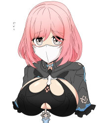 Rule 34 | 1girl, bandeau, black bandeau, bob cut, breasts, cleavage, covered mouth, cropped torso, flying sweatdrops, framed breasts, grey eyes, grey shirt, hair between eyes, honkai (series), honkai impact 3rd, large breasts, looking at viewer, mask, medium hair, mouth mask, nabeiro kin, pink hair, shirt, short sleeves, sidelocks, simple background, solo, timido cute, white background