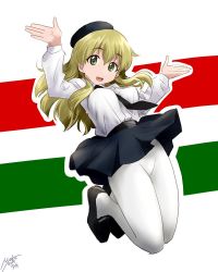 Rule 34 | 10s, 1girl, anzio school uniform, arms up, artist name, belt, beret, black belt, black footwear, black hat, black necktie, black skirt, carpaccio (girls und panzer), clothes lift, commentary, dated, dress shirt, emblem, flag background, full body, girls und panzer, green eyes, hat, italian flag, jumping, loafers, long hair, long sleeves, looking at viewer, miniskirt, necktie, nyororiso (muyaa), open mouth, pantyhose, pleated skirt, school uniform, shirt, shoes, skirt, skirt lift, smile, solo, translation request, white pantyhose, white shirt