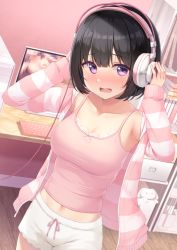 Rule 34 | 1girl, armpits, arms up, black hair, blunt bangs, blush, bookshelf, breasts, camisole, casual, caught, censored, cleavage, commentary request, computer, computer tower, desk, drawstring, embarrassed, hands on headphones, headphones, indoors, inoue yurina, jacket, karutamo, keyboard (computer), large breasts, long sleeves, looking at viewer, medium breasts, midriff, monitor, mosaic censoring, multicolored clothes, multicolored jacket, navel, off shoulder, open clothes, open mouth, original, pink camisole, pink jacket, pink shirt, pink theme, pornography, purple eyes, shirt, short hair, short shorts, shorts, sleeveless, sleeveless shirt, solo, spaghetti strap, striped clothes, striped jacket, two-tone jacket, white jacket, white shorts