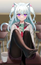 Rule 34 | 1girl, absurdres, ahoge, animal ear fluff, animal ears, black pantyhose, blue hair, blush, brown skirt, cat, cat ears, cat girl, cellphone, classroom, commentary, cup, desk, drill hair, feet, feet up, foot out of frame, grey sailor collar, hair ornament, highres, holding, holding phone, knees up, long hair, long sleeves, looking at viewer, neckerchief, no shoes, on desk, original, panties, panties under pantyhose, pantyhose, phone, purple eyes, red neckerchief, sailor collar, school desk, school uniform, serafuku, shirt, sitting, skirt, smartphone, solo, suzuharu toufu, symbol-only commentary, toes, twin drills, two side up, underwear, white panties, white shirt