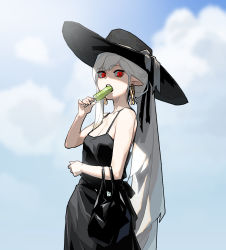 Rule 34 | 1girl, bag, bare shoulders, black bag, black dress, black hat, breasts, cleavage, cloud, cloudy sky, collarbone, day, dress, earrings, eating, food, gogalking, hat, highres, holding, holding food, ice cream, jewelry, light, long hair, looking at viewer, open mouth, original, outdoors, piercing, pointy ears, ponytail, popsicle, red eyes, shaded face, shadow, sky, sleeveless, sleeveless dress, solo, standing, sunlight, teeth, very long hair, white hair