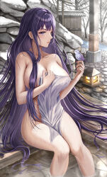 Rule 34 | 1girl, absurdres, bare shoulders, bird, blush, breasts, cleavage, collarbone, covering privates, genshin impact, highres, large breasts, long hair, looking at viewer, mole, mole under eye, naked towel, nori chazuke, nude cover, onsen, parted lips, purple eyes, purple hair, raiden shogun, rock, soaking feet, solo, steam, thighs, towel, water, wet