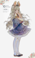 Rule 34 | 1girl, animal ears, black footwear, blonde hair, book, closed mouth, dress, floating hair, flower, from side, full body, grey eyes, hands up, highres, holding, holding book, long hair, long sleeves, looking at viewer, looking to the side, mouse ears, original, pantyhose, purple dress, shoes, simple background, solo, white background, white pantyhose, yogisya