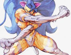 Rule 34 | 1girl, angry, animal ears, animal hands, big hair, blue eyes, blue hair, capcom, cat ears, cat girl, cat tail, claws, colorized, felicia (vampire), fighting stance, fur, green eyes, highres, long hair, muscular, muscular arms, muscular female, muscular legs, serious, setsuna kasugano, sirsketchi, solo, spread legs, tail, thick thighs, thighs, third-party edit, vampire (game), very long hair, white fur