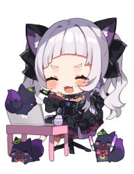 Rule 34 | 1girl, :d, ^ ^, absurdres, animal, animal ear fluff, animal ears, bad id, bad pixiv id, barefoot, black bow, black dress, black sleeves, blush, bow, cat ears, cat girl, cat tail, chair, chibi, closed eyes, commentary request, computer, cup, detached sleeves, dress, fox, full body, glowstick, halterneck, hand up, highres, hololive, juliet sleeves, laptop, long hair, long sleeves, murasaki shion, murasaki shion (gothic lolita), noi mine, office chair, on chair, open mouth, puffy sleeves, silver hair, simple background, sitting, sleeves past fingers, sleeves past wrists, smile, strapless, strapless dress, swivel chair, tail, tail bow, tail ornament, thick eyebrows, twintails, very long hair, virtual youtuber, white background, wide sleeves