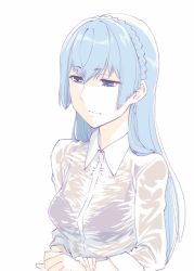 Rule 34 | 1girl, blue hair, bra, breasts, character request, closed mouth, long hair, see-through, simple background, solo, ueyama michirou, underwear, wet, wet clothes, white background