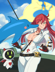 Rule 34 | 1girl, animal, arc system works, barleyshake, black gloves, bodysuit, breasts, broken halo, cleavage, cloud, collarbone, dolphin, gloves, green eyes, guilty gear, halo, heart, highres, jack-o&#039; valentine, kissing cheek, large breasts, long hair, long sleeves, one eye closed, red hair, robot, sky, smile, standing, white bodysuit