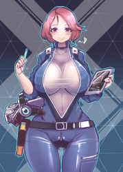 Rule 34 | 1girl, blush, bodysuit, breasts, closed mouth, curvy, fortune (last origin), highres, large breasts, last origin, looking at viewer, mechanical arms, mu inochi, parted bangs, pen, red eyes, red hair, shiny skin, shirt, short hair, single mechanical arm, smile, solo, stylus, tablet pc, tight clothes, wide hips