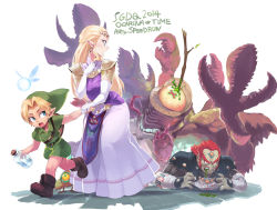 Rule 34 | 1girl, 2boys, ario, blonde hair, blood, blue eyes, boots, bottle, dress, earrings, elbow gloves, fairy, games done quick, ganondorf, gloves, gohma, hat, highres, holding hands, jewelry, link, long hair, multiple boys, navi, nintendo, open mouth, pincers, pointy ears, princess zelda, surprised, sweatdrop, the legend of zelda, the legend of zelda: ocarina of time, time paradox, white gloves, x x, young link