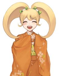 Rule 34 | 1girl, :d, aji kosugi, bell, blonde hair, blush, blush stickers, bow, braces, cat hair ornament, closed eyes, commentary request, cowboy shot, danganronpa (series), danganronpa 2: goodbye despair, fangs, floral print, green bow, hair bell, hair bow, hair ornament, hands up, happy, highres, japanese clothes, kimono, long hair, long sleeves, obi, open mouth, orange kimono, saionji hiyoko, sash, simple background, smile, solo, teeth, twintails, upper teeth only, white background, wide sleeves