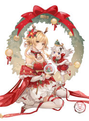 Rule 34 | 2girls, antlers, bare shoulders, bell, blonde hair, blue eyes, blush, choker, christmas ornaments, christmas tree, closed mouth, dress, earmuffs, flower, genshin impact, hair flower, hair ornament, highres, horns, issign, looking at viewer, lumine (genshin impact), multiple girls, neck bell, open mouth, paimon (genshin impact), red ribbon, ribbon, seiza, short hair, simple background, sitting, snow globe, white background, white dress, white hair, wreath, yellow eyes