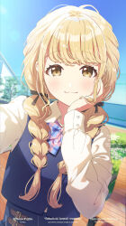 Rule 34 | 1girl, :3, absurdres, blonde hair, blue vest, bow, bowtie, braid, brown eyes, buckle, day, fujita kotone, gakuen idolmaster, hand on own cheek, hand on own face, highres, idolmaster, long hair, long sleeves, looking at viewer, official art, outdoors, plaid, plaid bow, plaid bowtie, selfie, solo, twin braids, upper body, vest